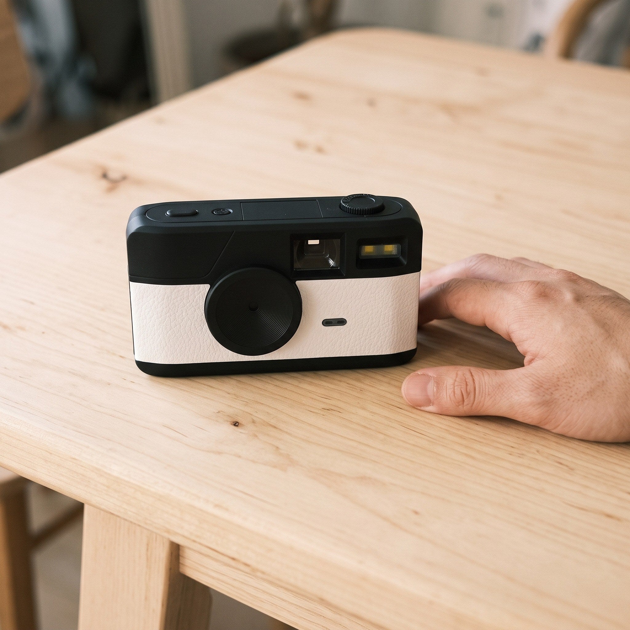 White Sunday Snap camera in an adult hand for natural scale