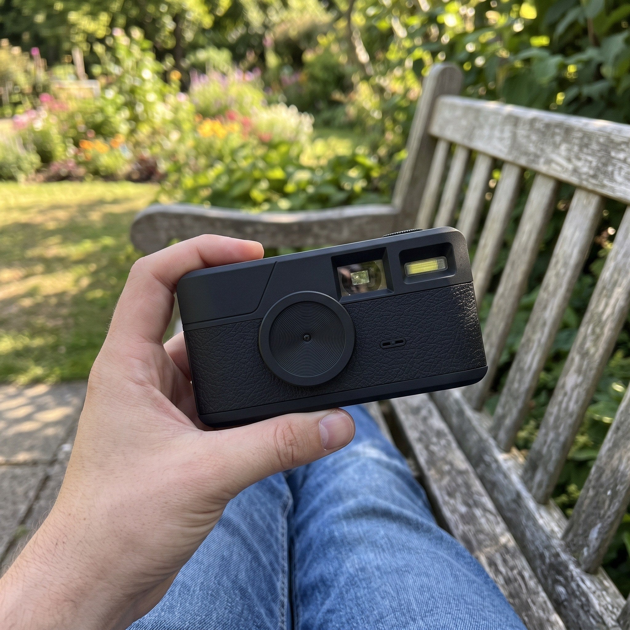 Black camera held on a sunny garden bench