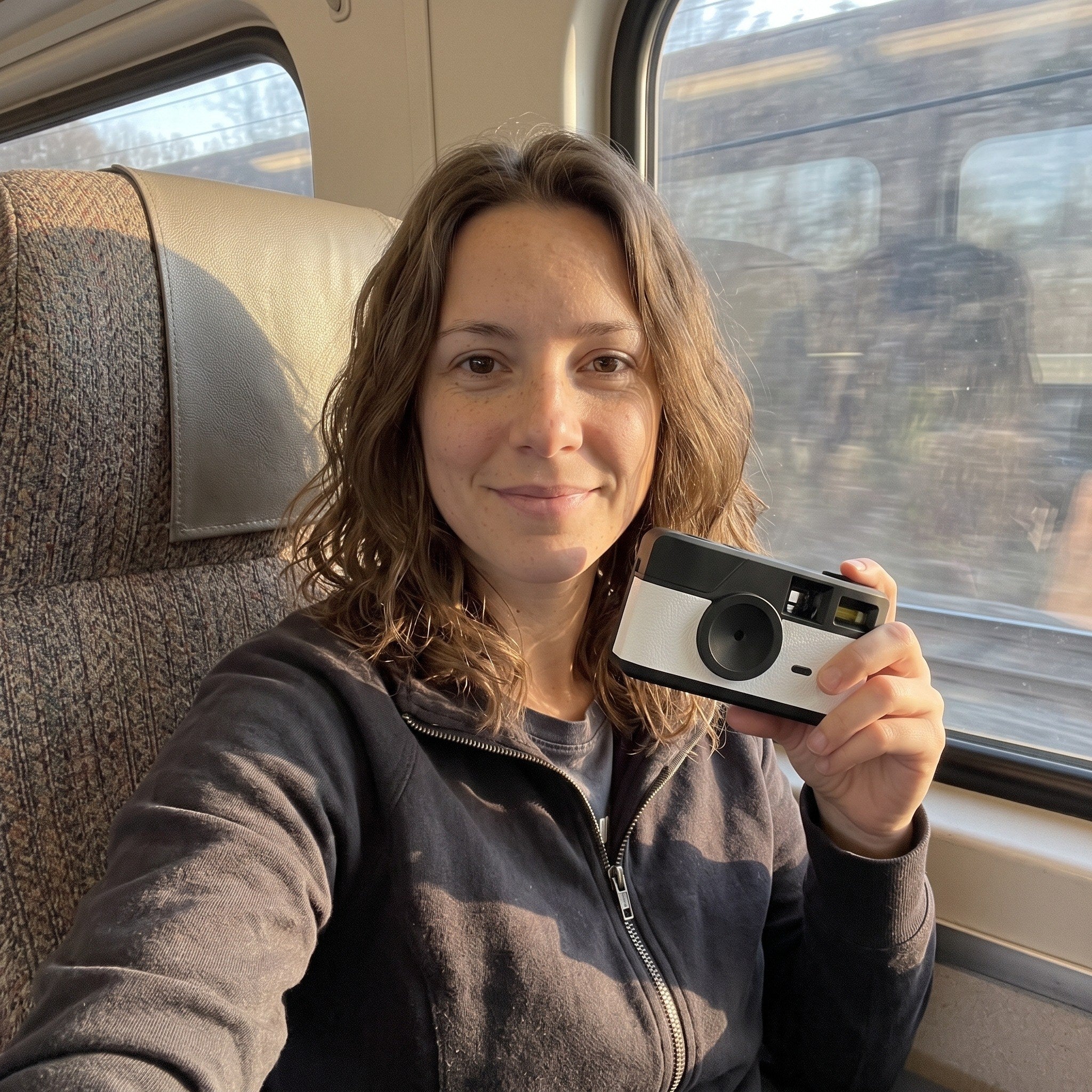 Emma with her camera beside a train window
