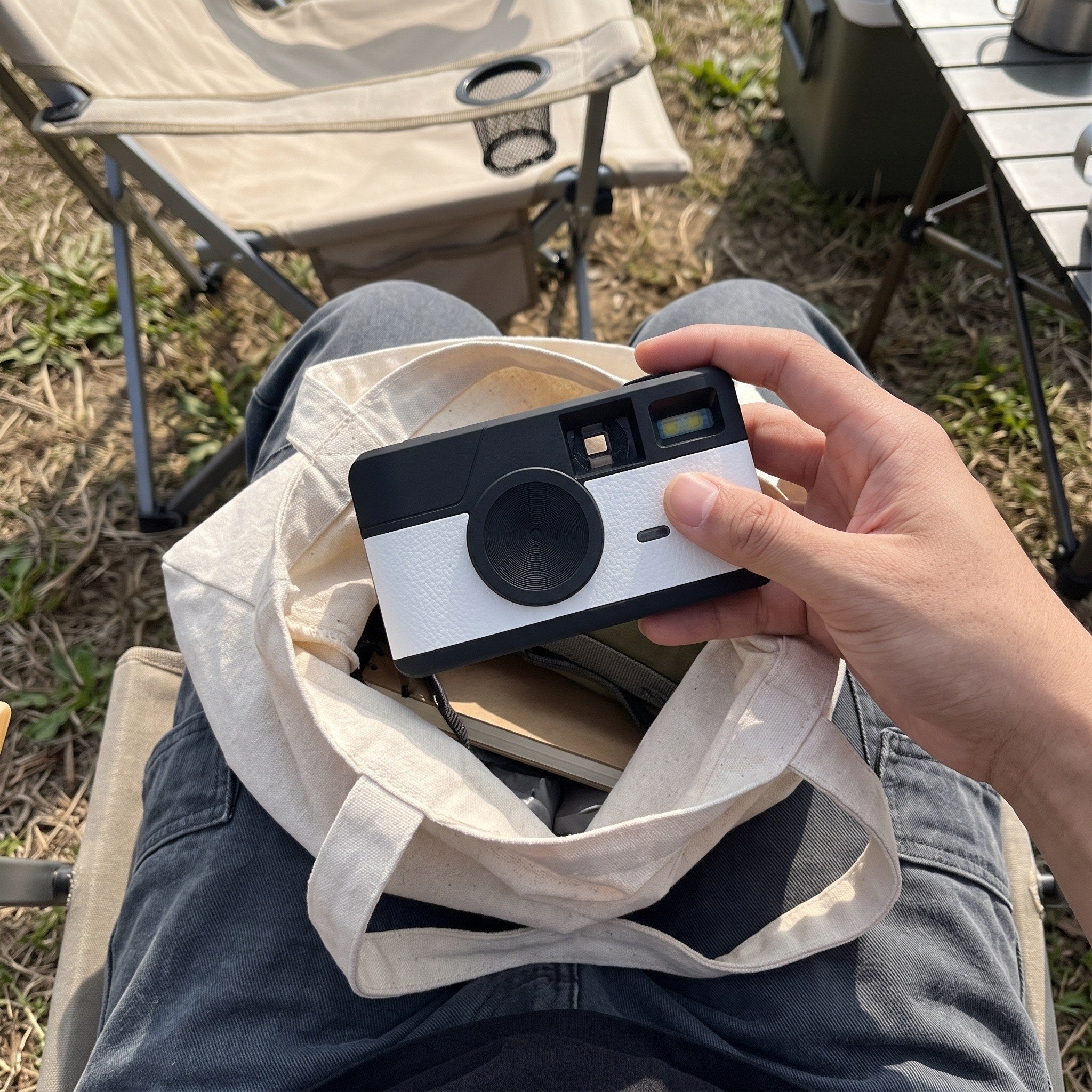 White camera lifted from a tote at a campsite
