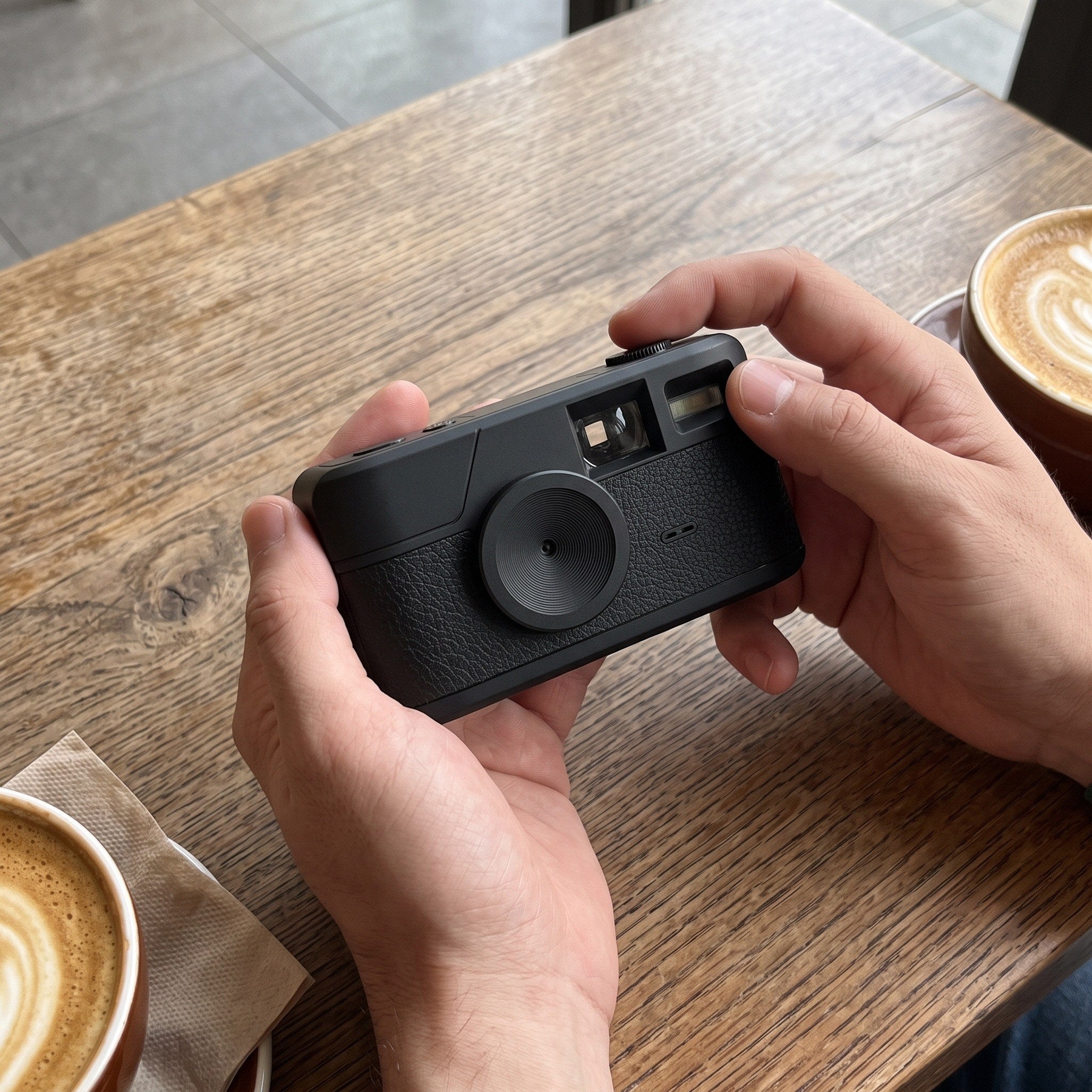 Hands on the camera controls at a cafe table