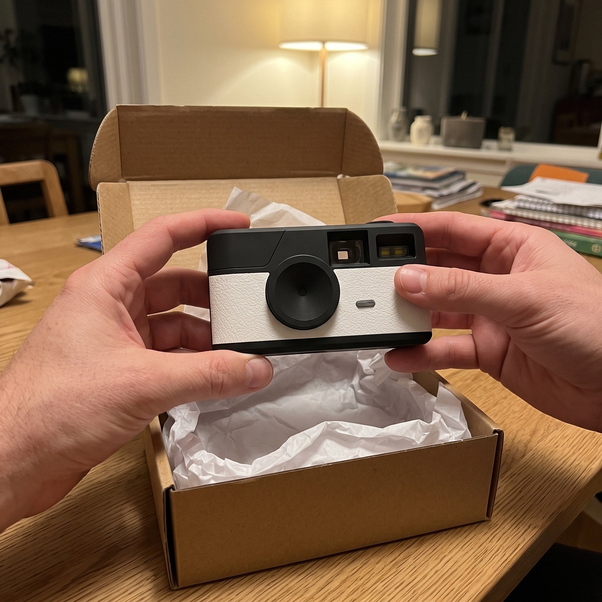 Camera lifted from its box at home