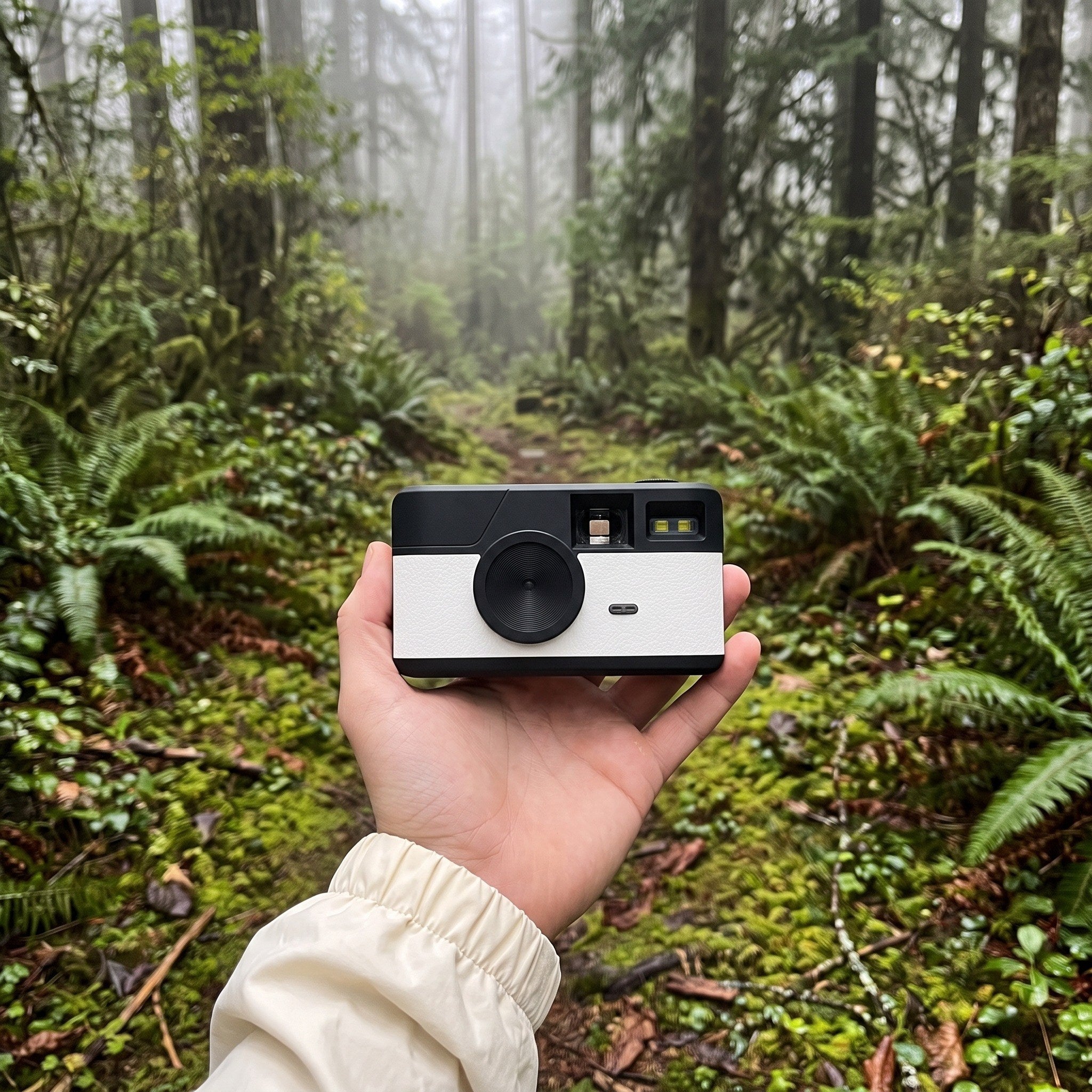 White camera held on a forest trail