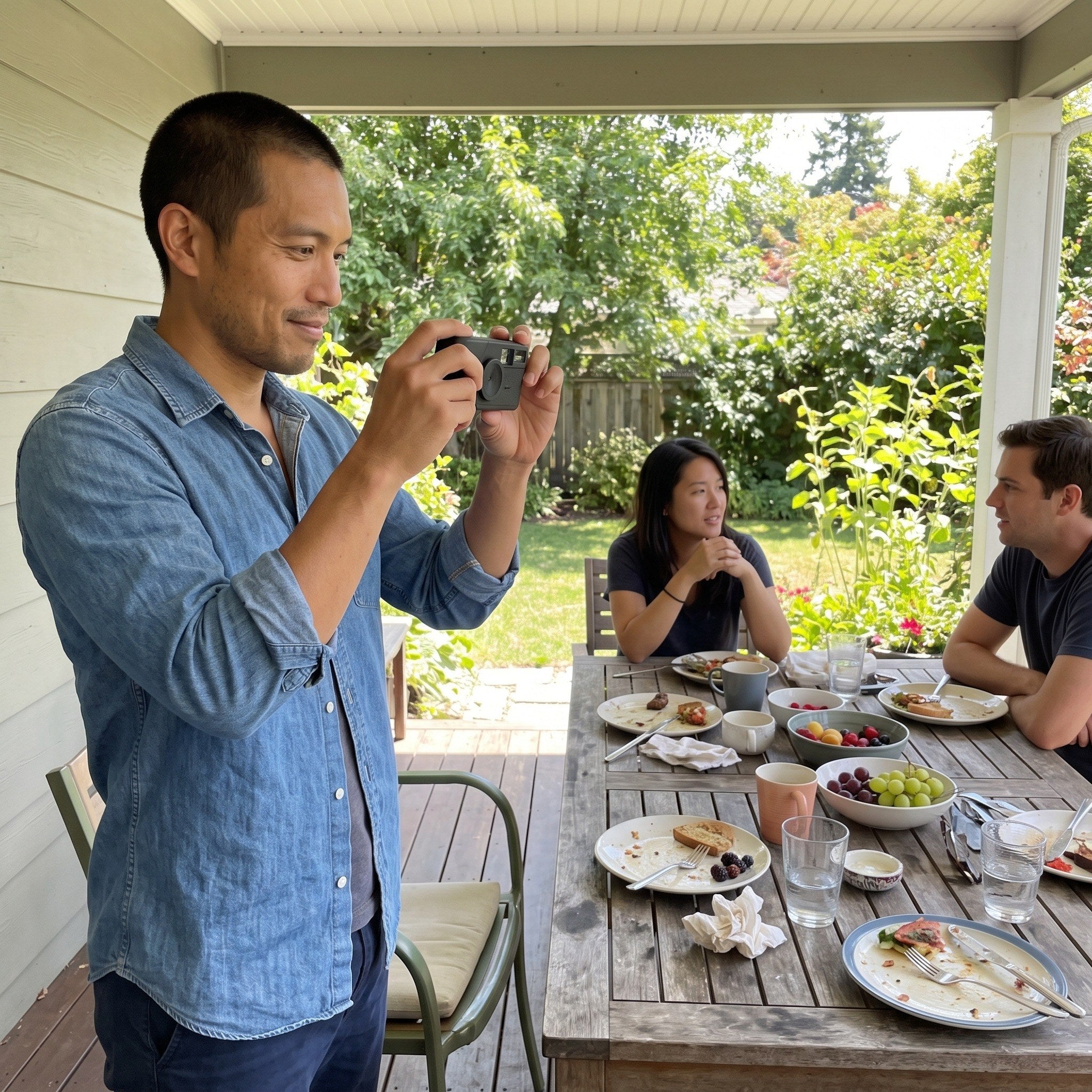 Liam taking photos at a backyard lunch