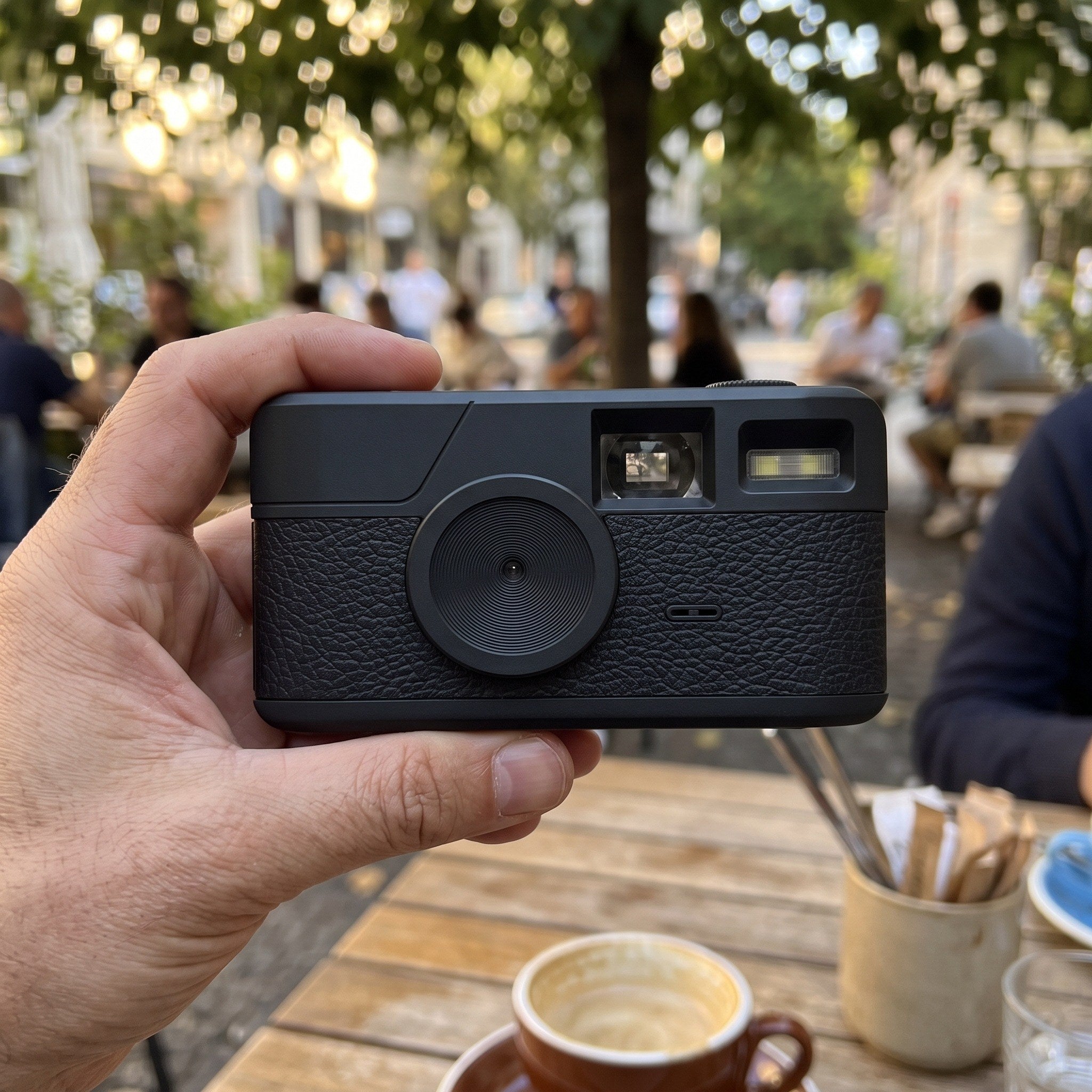 Black camera held at a leafy outdoor cafe